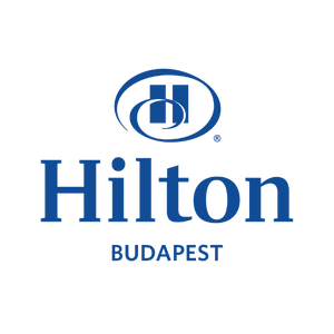 Hilton Budapest logó – elegáns 4-csillagos hotel a budai Várnegyedben, kilátással a Dunára és a Parlament épületére.