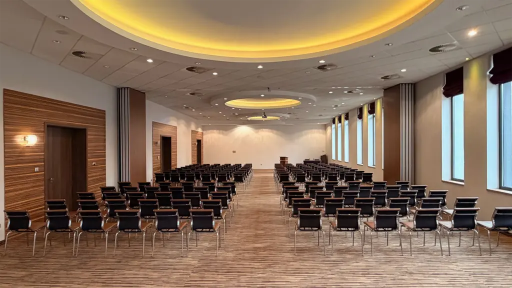 Prémium Hotel Panoráma konferenciaterem színházi ültetés 300 fő, természetes fény, LED világítás, modern AV technika